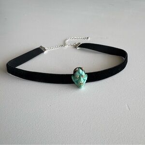 Vintage Japanese Toshikane Demon Mask Button, Stretchy Velvet Choker Necklace